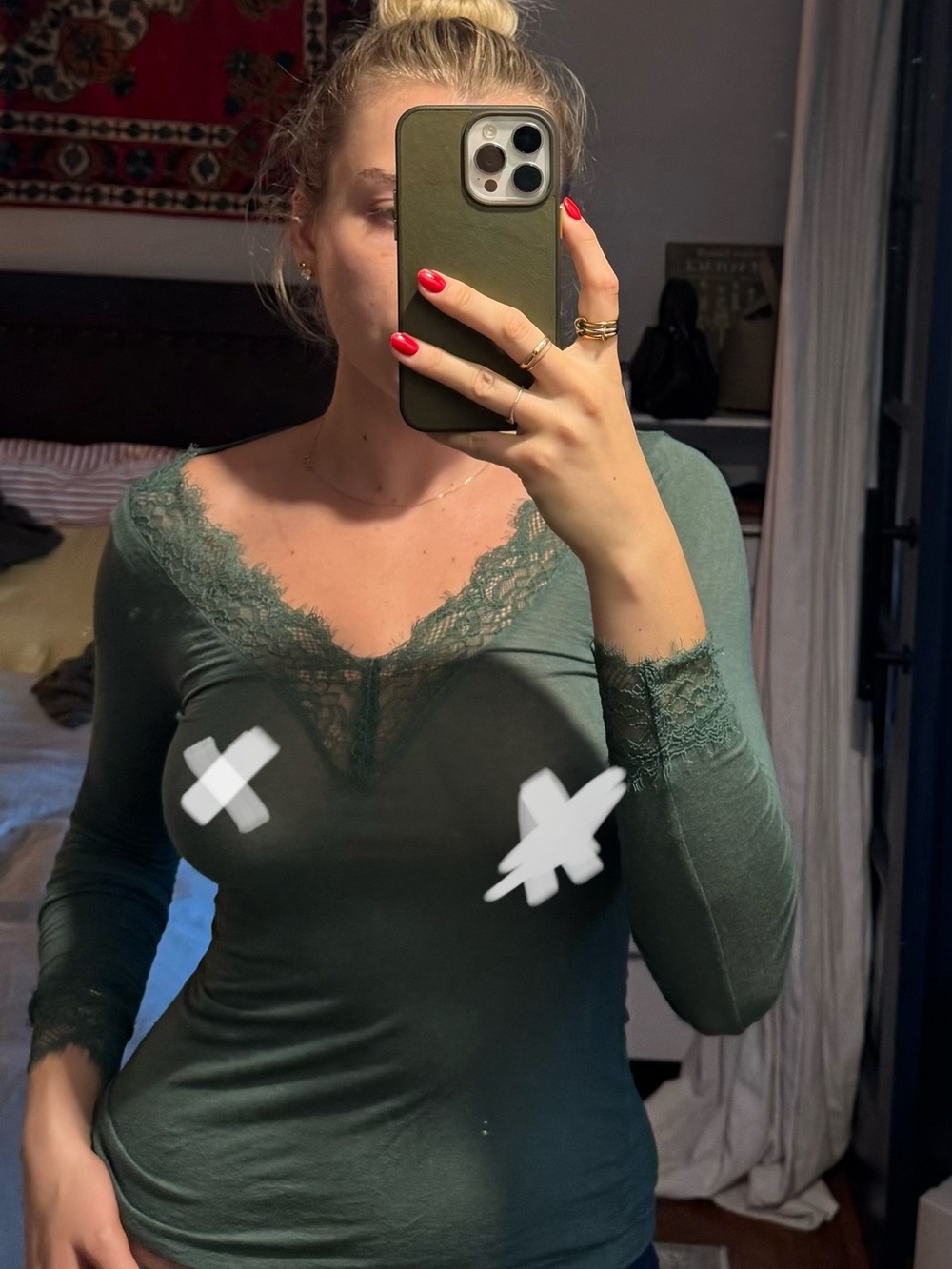 intimissimi Olive Green Long Sleeve Lace Trim Tee